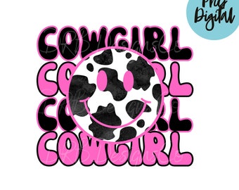 Cowgirl Smile Face PNG Pink Cow Print PNG Western Sublimation Digital Design Printable