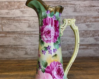 アンティーク アールヌーボー 手描きガラス水差し、真鍮塗装金属台座