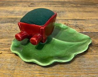 Vintage Ceramic Green Leaf with Wheelbarrow Pincushion Pin Holder Sewing Dish Planter