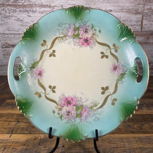 Vintage Antique Porcelain Handpainted H and Co Bavaria Green Blue Gold Pink Floral Handled Scalloped Plate - Heinrich and Co