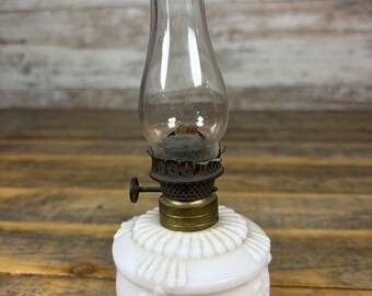 Antique Vintage Miniature 6.75" White Embossed Milk Glass Oil Lamp