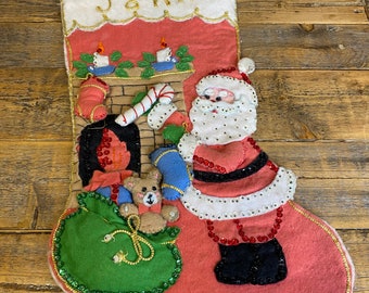 Finished Vintage 1970s Handmade “Fireside Santa” Bucilla Felt Santa Claus Christmas Stocking