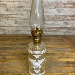 Vintage Miniature ~9.75&quot; Glass Kerosene Oil Lamp with White Eagle Design