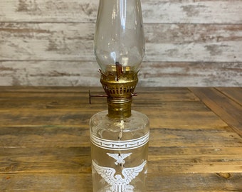 Antique Vintage Miniature ~9.75" Glass Kerosene Oil Lamp with White Eagle Design