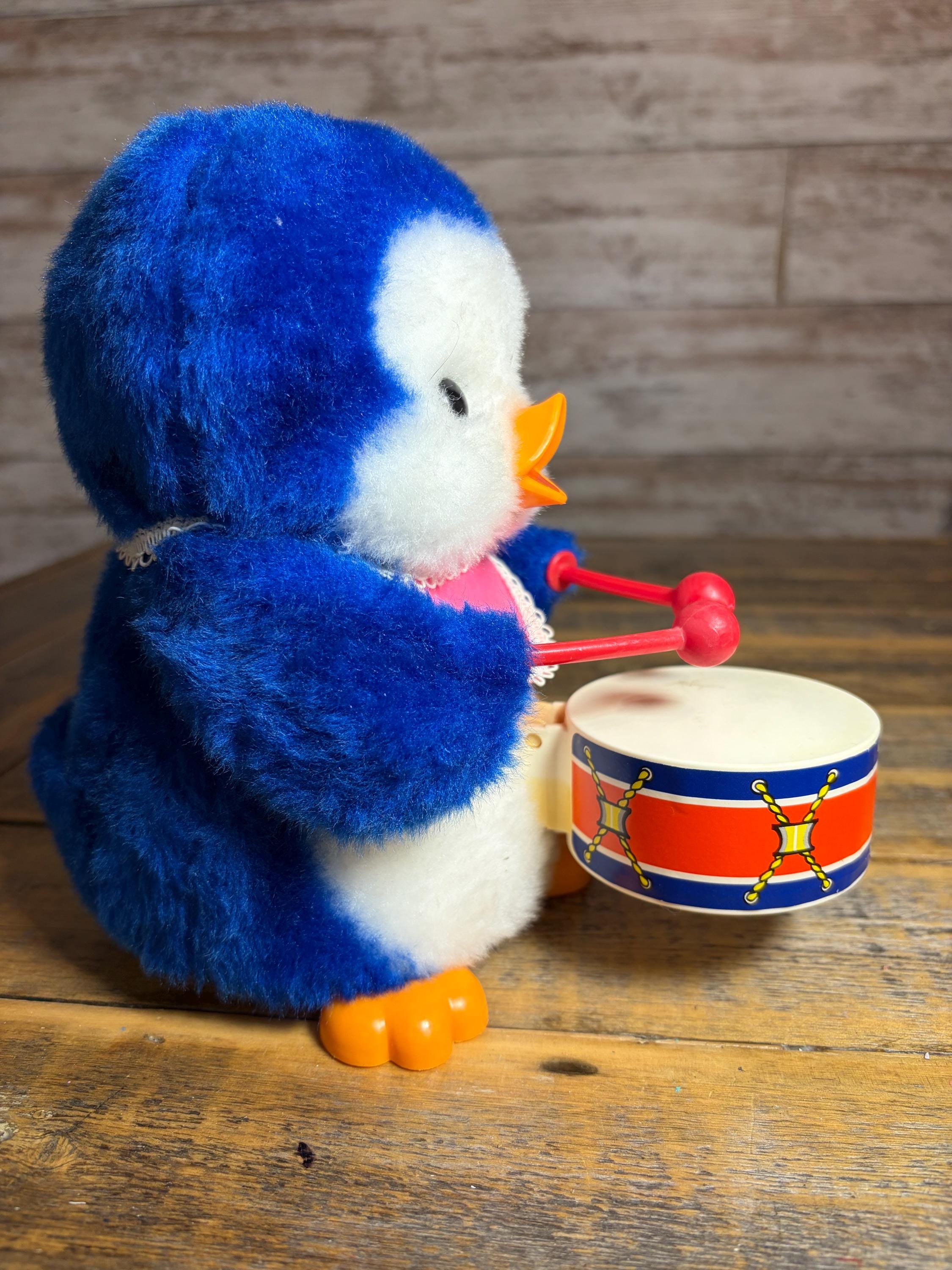 Vintage Iwaya Moving Animal Toy Blue Penguin Playing the Drums