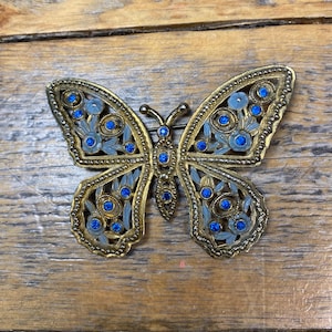 Large 2.85” Vintage Blue Gold Butterfly Pin Brooch