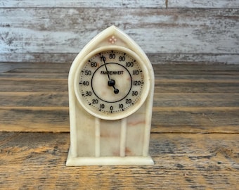 Vintage Antique Bakelite Ivory Swirl Gothic Arch Desktop Thermoclock Thermometer