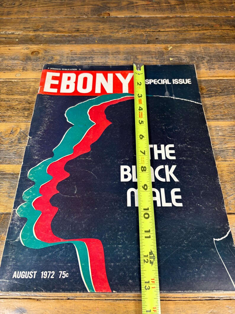 K&ouml;nnte beinhalten: Eine Augustausgabe 1972 des Ebony-Magazins. Das Cover zeigt eine Profilillustration in Rot und T&uuml;rkis vor einem dunkelblauen Hintergrund. Der Text lautet "The Black Male".