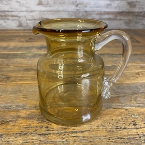 Vintage Mid Century Blown Glass Amber Yellow Miniature 4.5&quot; Pitcher with Clear Glass Handle