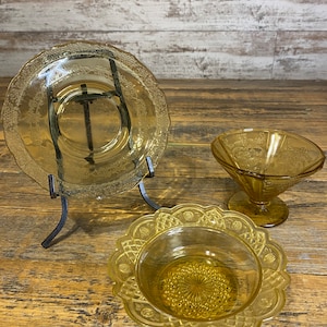 Set of 3 Vintage Yellow Amber Depression Glass Serving Dishes - Federal Madrid Ice Cream Bowl , Round Saucer , Serving Bowl