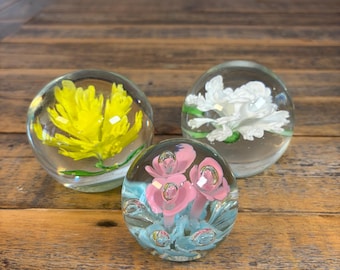 Vintage Floral Glass Paperweights - Yellow Flower, White Flower, Pink and Blue Flowers