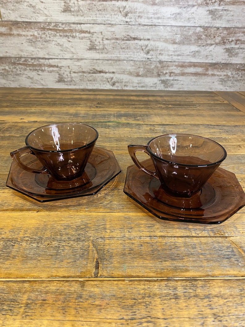 Vintage Hazel Atlas Moroccan Amethyst Octagon Depression Glass Dishes Dinner Plates / Salad