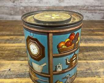 Vintage Blue Kitchen Scene Decorative MCM Empty Storage Canister Tin