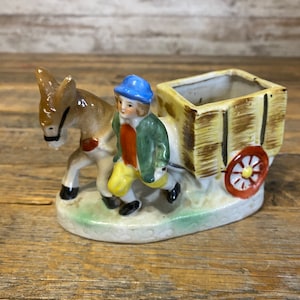 Vintage 1930s Man with Donkey Pulling Cart Figurine Planter - Japan - Donkey Cart Dish Planter