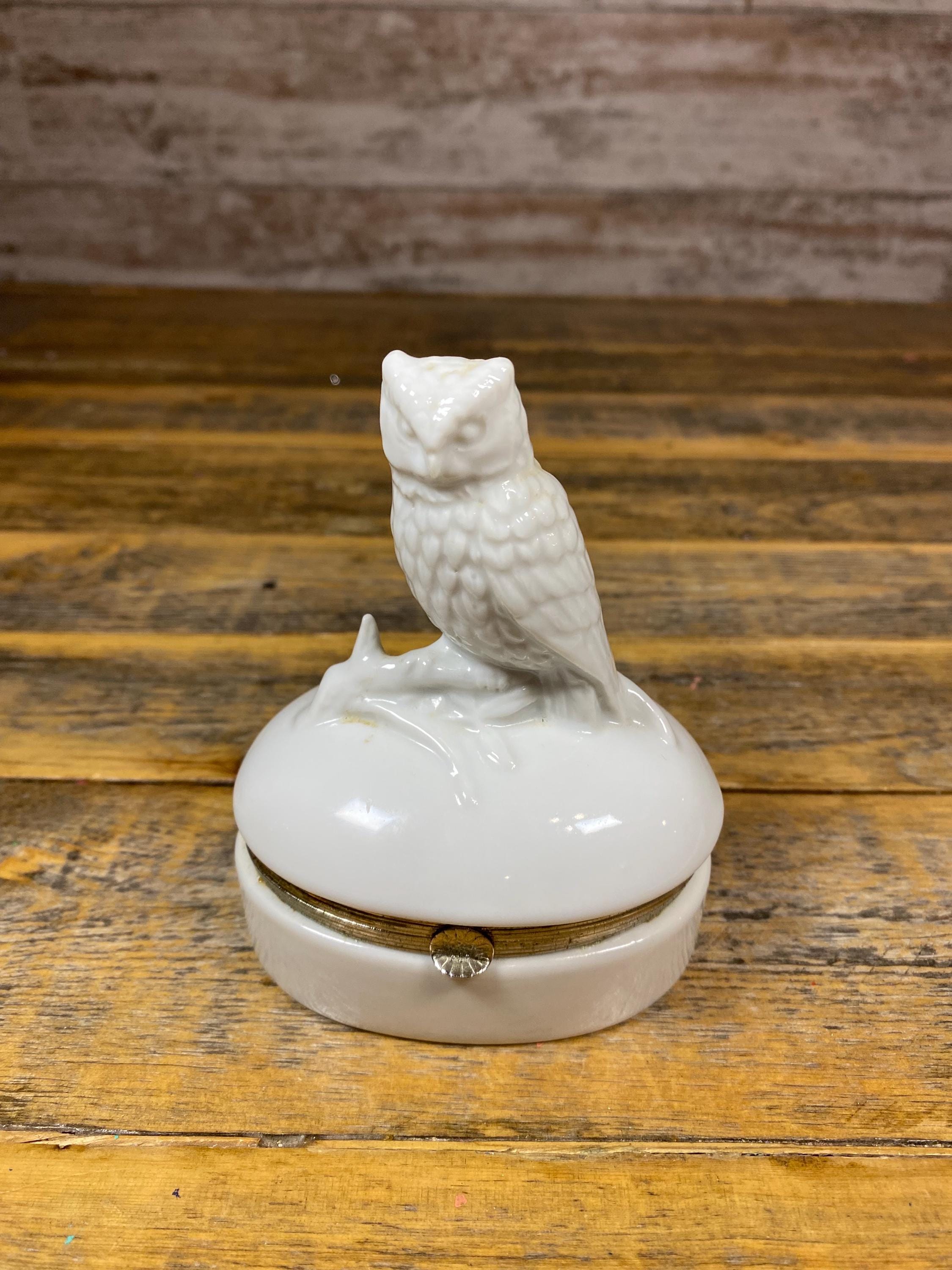Vintage White Porcelain Owl Trinket Jewelry Music Box - Taj Imports Japan
