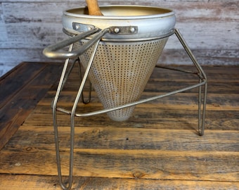 Vintage Aluminum Cone Shaped Colander Strainer Sieve with Stand and Wood Pestle