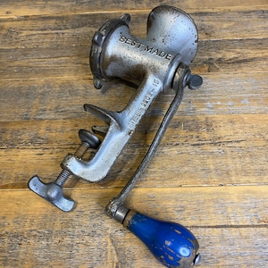 Best Made Vintage Antique Meat Grinder No. 15 with Blue Wooden Handle Knob