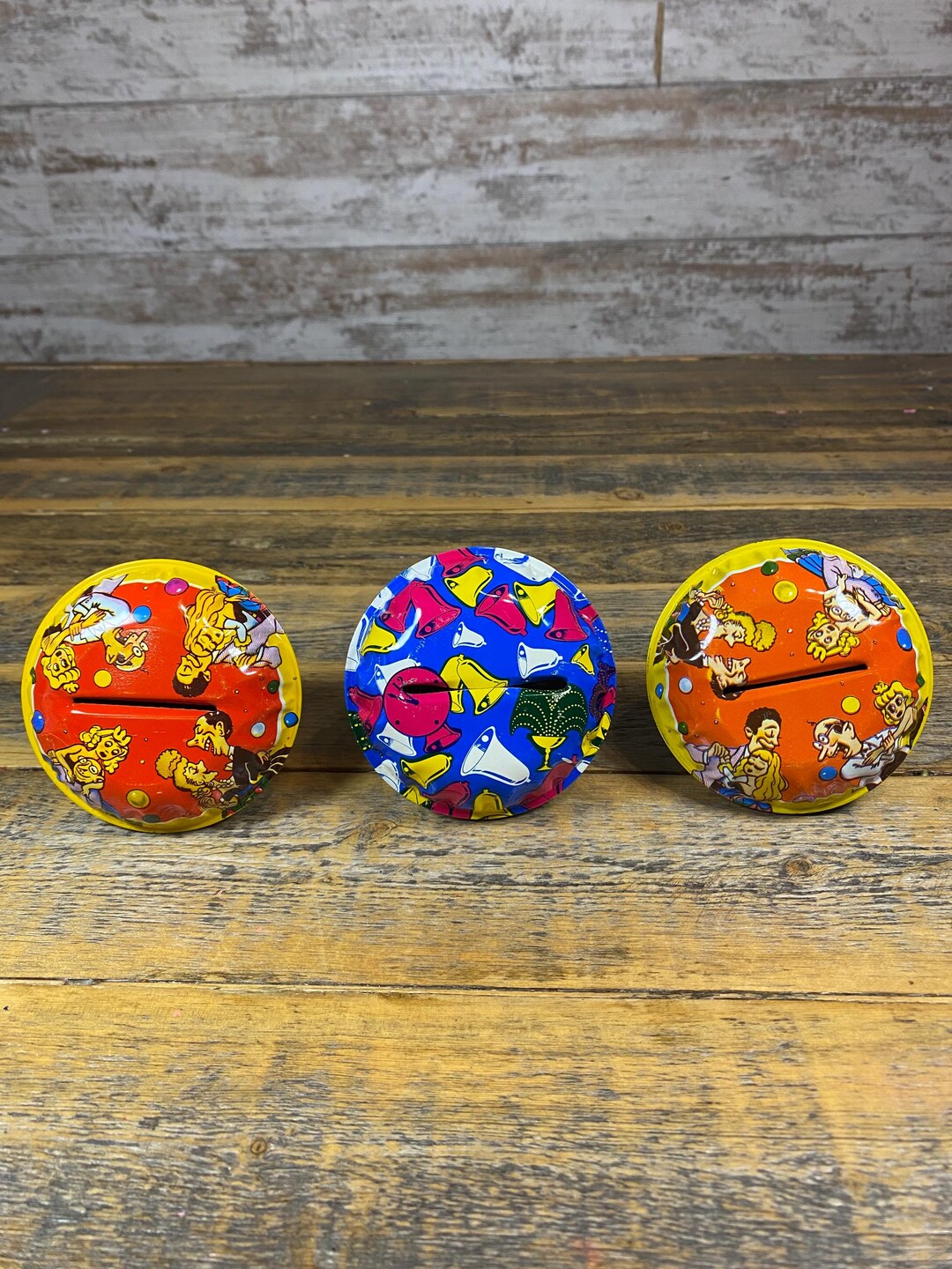 Set of 3 Vintage Round Metal Tin Litho Rattle Noise Makers Toys - New ...