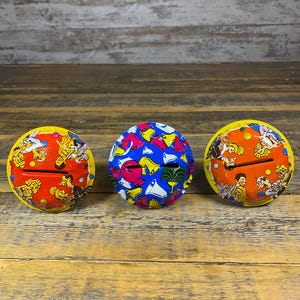 Set of 3 Vintage Round Metal Tin Litho Rattle Noise Makers Toys - New Years Eve Celebration, People Dancing