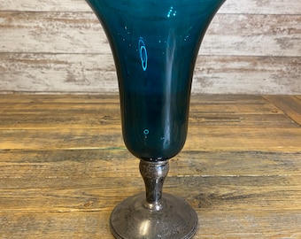 Vintage Gorham Sterling Silver Weighted Blue Green Turquoise Glass Trumpet Vase 1444