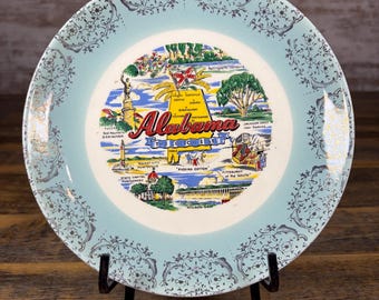 Vintage 7" Alabama Collectible State Plate with Blue and Silver Rim Landmark Souvenir