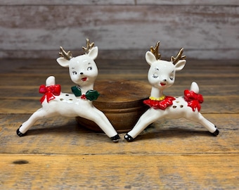 Vintage Lefton Leaping Reindeer Clip On Christmas Tree Ornaments - Set of 2