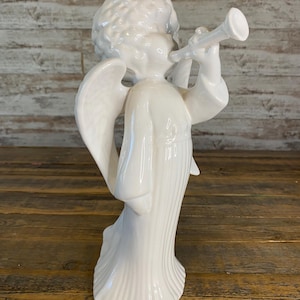 Vintage Large 12&quot; White Ceramic Angel Figurine Statue with Trumpet