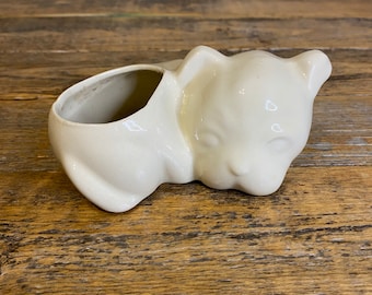 Vintage Off White Cream Sleeping Bulldog Puppy Dog Ceramic Planter