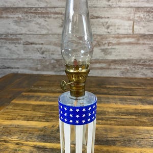 Vintage Miniature 10&quot; Glass Kerosene Oil Lamp with White and Blue USA Flag Stars and Stripes Design
