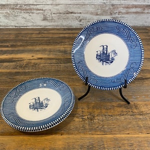 Set of 4 Royal Currier and Ives 6&quot; Steamboat Saucers - Blue and White Lace Pattern Trim - Steamboat / Ship