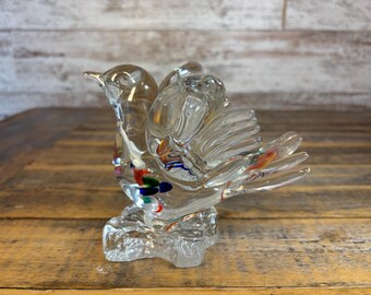 Vintage Glass Clear and Colorful Bird in Flight Figurine