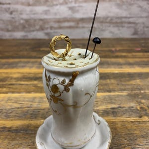 Antique White and Gold Hand Painted Hat Pin / Stick Pin Holder with 3 Hat Pins