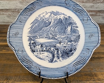 Vintage Royal Currier and Ives China " The Rocky Mountains" Cake Plate Serving Platter with Handles - Blue and White Lace Trim Design