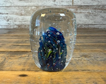 Vintage Midcentury Handblown Art Glass Aquarium - Ocean and Coral Reef with Fish Murano Style Paperweight