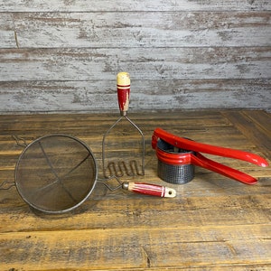 Set of 3 Vintage Antique Red Kitchen Tools - Metal Ricer - Red Handle Colander Strainer - Red Handle Masher