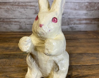 Vintage Handmade Paper Mache Bunny Rabbit Figurine Statue White and Pink