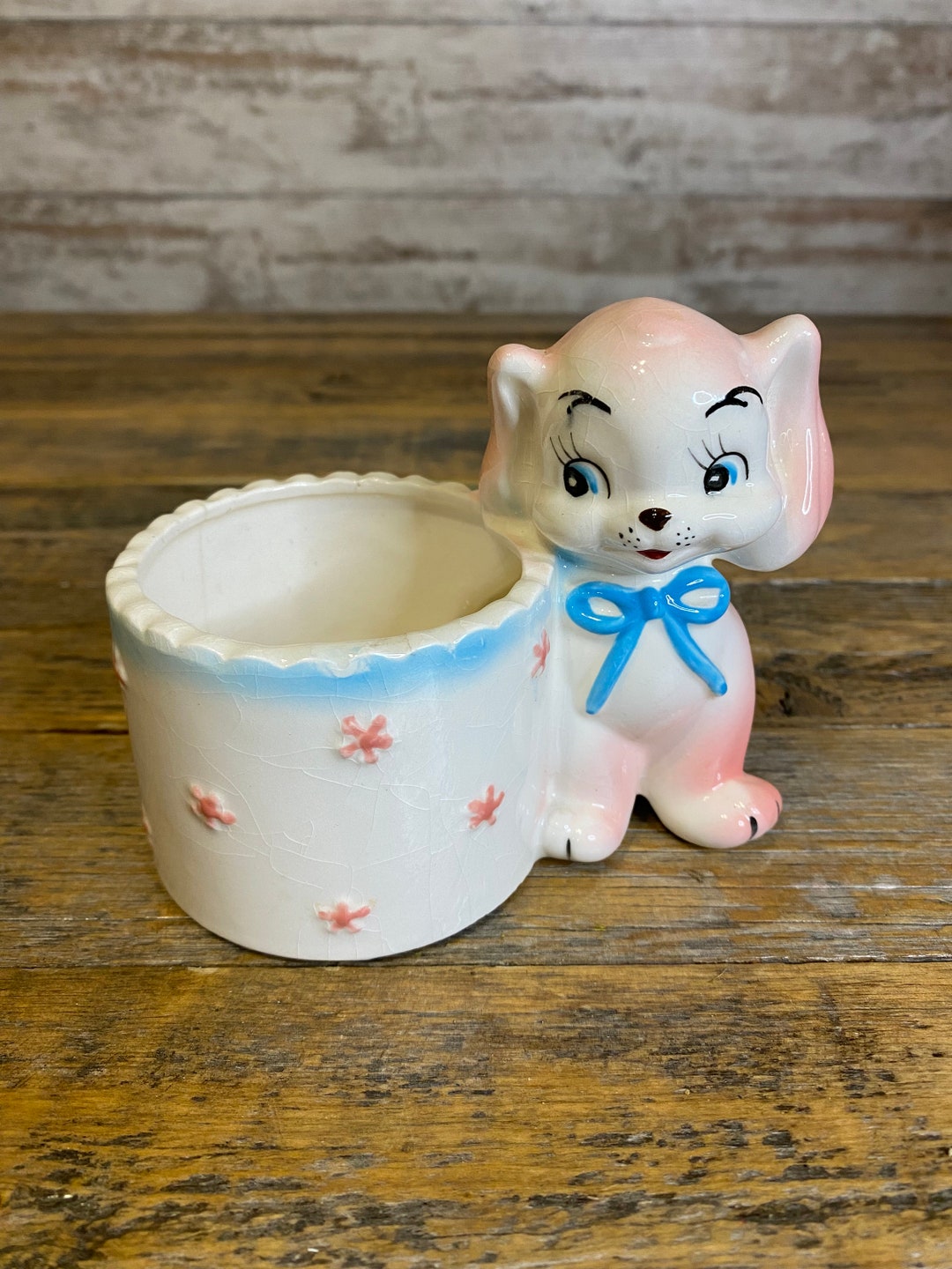 Vintage Enesco Pink and Blue Puppy Dog Planter - Made in Japan - Etsy