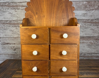 Vintage Antique Handcrafted Hanging Spice Cabinet Apothecary Chest with 8 Drawers and Porcelain Knobs