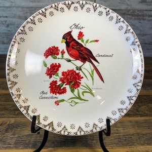 Vintage Ohio 7.25" Collectible State Plate D. Rudeman Landmark Souvenir Red Carnation and Cardinal