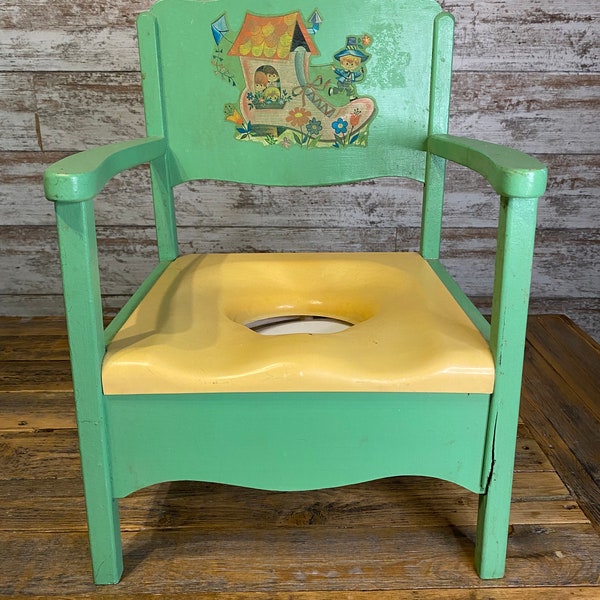 Vintage Antique Children’s Potty Training Chair Seat - Old Fashioned Shoe House - Mint Green - Wooden and Plastic