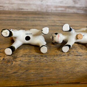 May include: A pair of black and white ceramic salt and pepper shakers shaped like cows. The shakers are upside down, revealing the openings for salt and pepper. The shakers are marked "Japan" on the bottom.