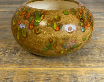 Vintage Midcentury Brown Orange Yellow Green Speckled Round Ceramic Pottery Planter