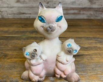 Vintage Roselane Siamese Cat Figurine: MCM Ceramic Pottery with Blue Jewel Eyes