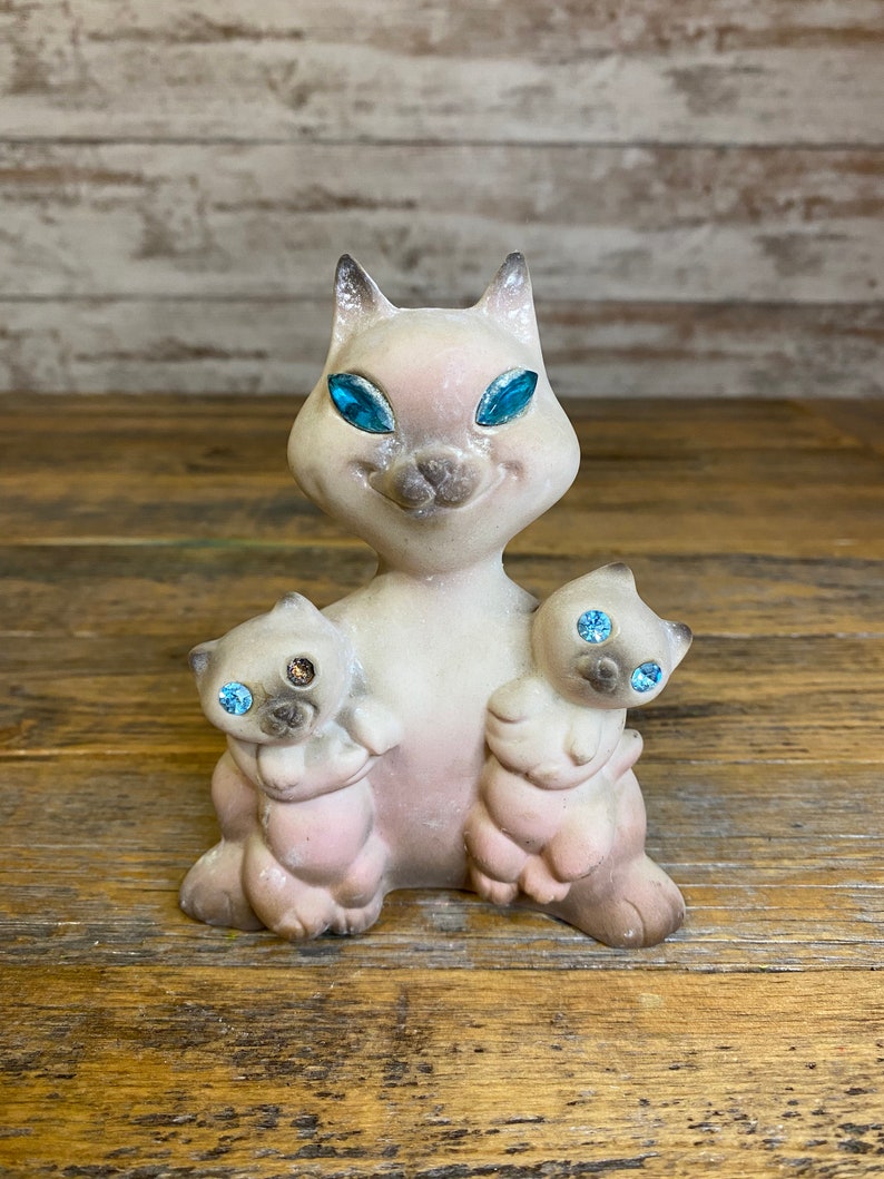 Vintage 1960's MCM Mid Century Roselane Siamese Cat and Kittens with Blue Jewel Eyes / California Ceramic Pottery image 1