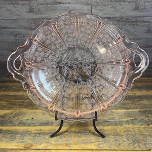 Vintage Pink Depression Glass Jeanette Cherry Blossom Floral Cake Plate with Handles
