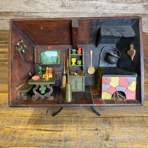 Handmade 1941 Vintage Antique Wooden 3D Folk Art Carved Diorama Farm House Kitchen Shadow Box
