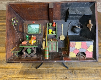 Handmade 1941 Vintage 3D Volkskunst Bauernhaus Küche Holz Diorama aus Holz