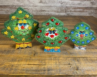 Vintage Hand Painted Wooden Christmas Tree Figurines - Set of 3