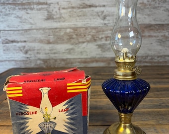 Antique Vintage Miniature 10" Cobalt Blue Glass Oil Lamp with Original Box