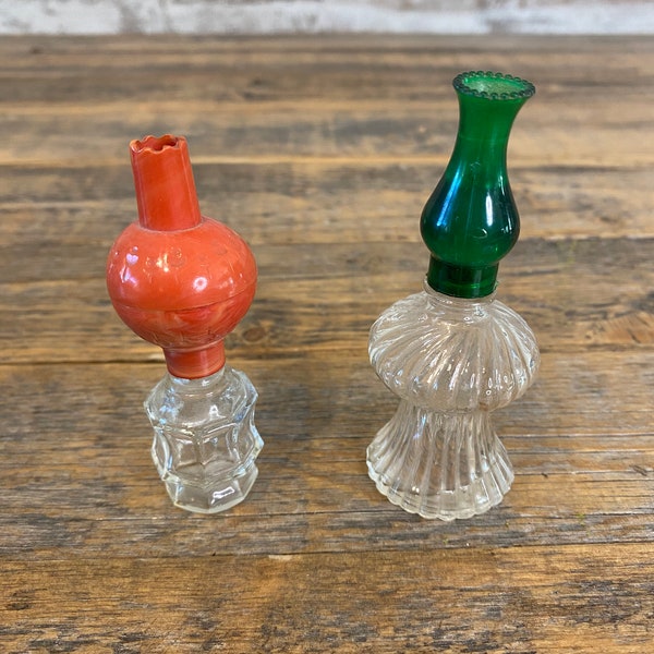 Set of 2 Vintage Antique Mini Oil Lamp Perfume Bottles / Green / Orange / Doll House Oil Lamps